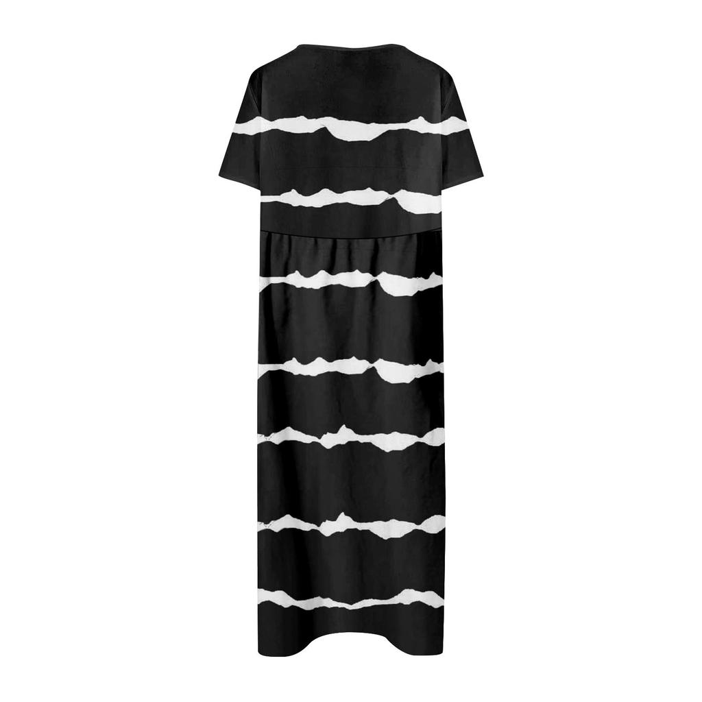 Women's Summer Casual Fashion Printed Short Sleeve Round Neck Pocket Dress