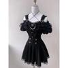 2025 Japanese Black Mini Skirt Set Gothic Ruffle Mini Skirts Sexy Lace Off Shoulder Lolita Shirt Women Y2k Aesthetic Design Suit