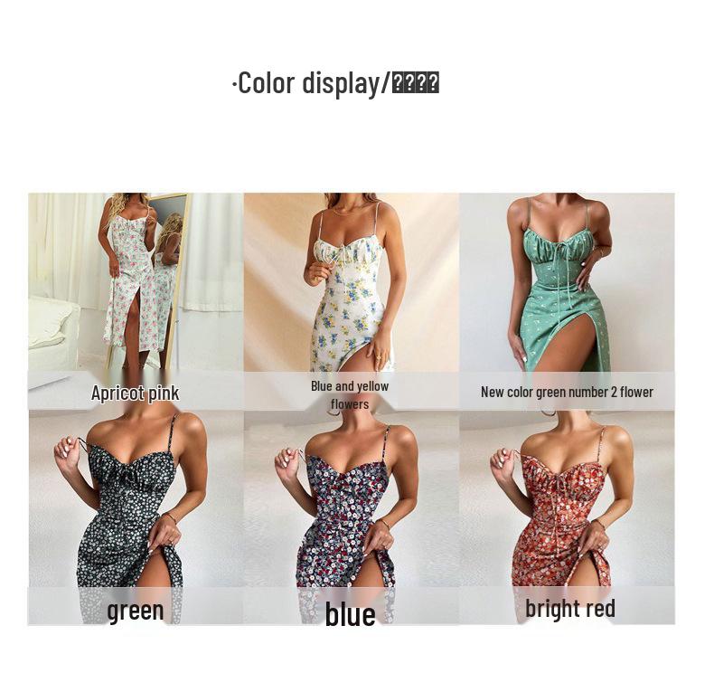 European & American Sexy Print Lace-Up Slit Sling Dress for Women