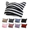 Autumn Winter Outdoor Warm Knitting Caps Cute Striped Cat Ear Hat No Brim Thickened Stretchy Headwear Wool Yarn Knitted Beanie Hat Fashion Clothing