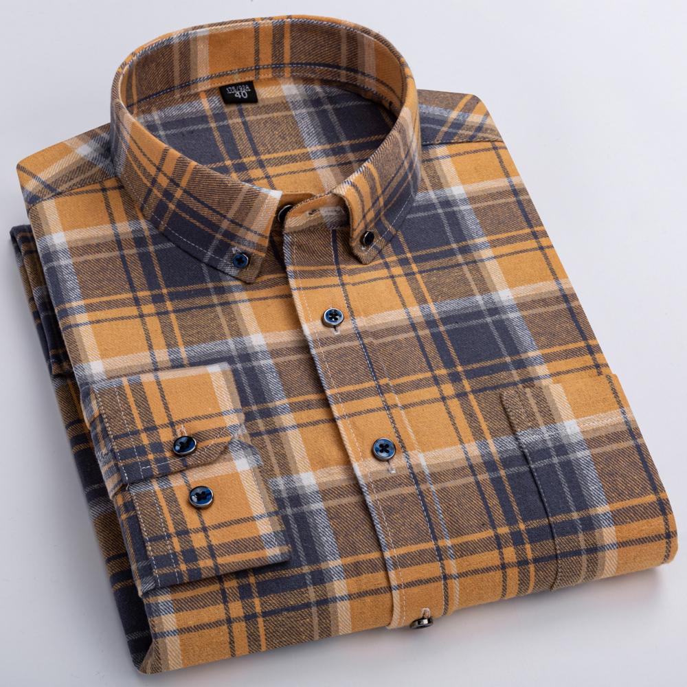 Men's Fashion Brushed Flannel Plaid Striped Shirts Single Patch Pocket Comfortable 100% Cotton Long Sleeve Standard-fit Shirt