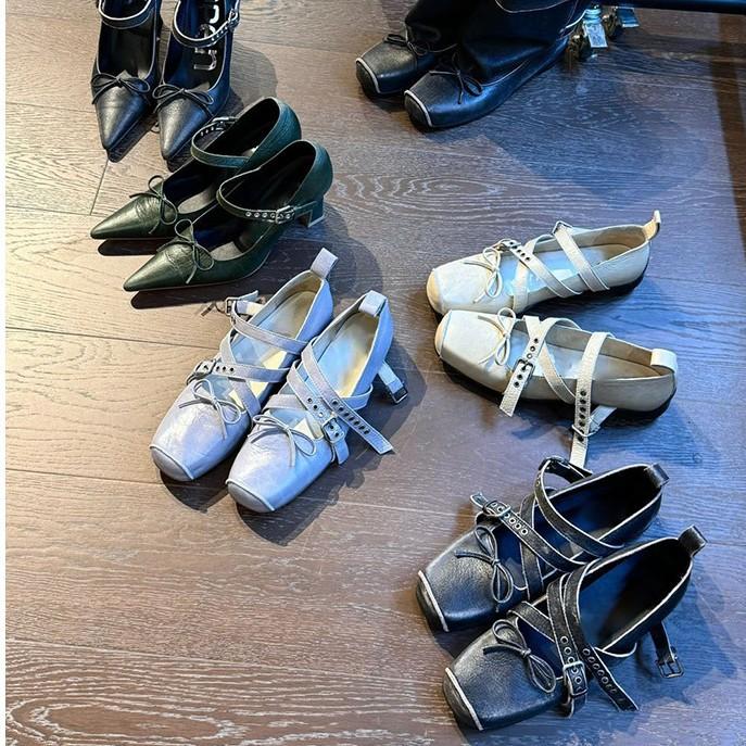 Cowhide Version~ Korean Version of Square Head Pig Nose Ballet Mary Jane Women's Shoes French Light Mouth Bow Single Shoes Women's Thick Heel
