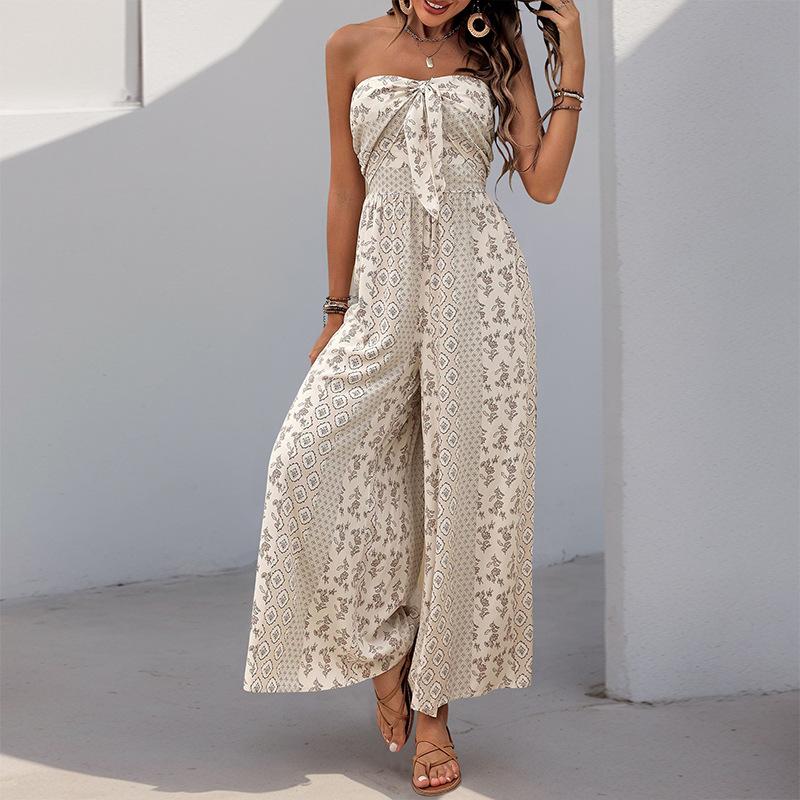 Summer Women's Jumpsuit High Waist Tie Wide Leg Pants Range Patchwork Ethnic Style Casual Pant