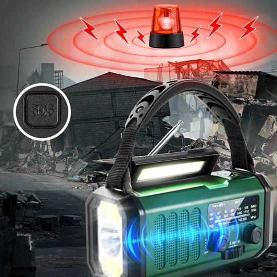 Hand Crank Emergency Radio with Flashlight SOS Alarm Compass Compact Waterproof Solar Powered Rechargeable AM/FM Radio