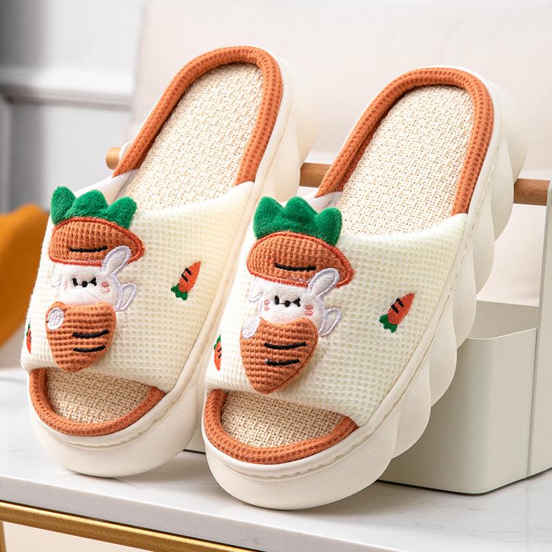 Lovely Frog Linen Slippers Women Couples Non Slip Thick Soled Spring Summer Cotton Linen Cool Slippers Home Slipper