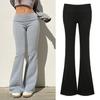 Women Flared Pants Elastic High Waist Solid Color Casual Trousers Basic Style Slim Fit Long