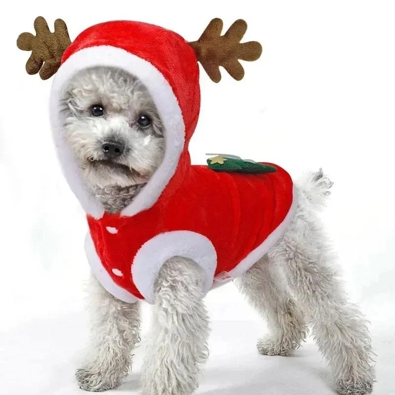 1pc Christmas Dog Costume Festive Red Hoodie with Antlers Pet Outfit Winter Cozy Coat for Small Puppy Chihuahua Yorkshire