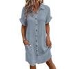 Summer Women Dress Turn-down Collar Single-breasted Loose Solid Color Cardigan Short Sleeves Buttons Side Pocket Knee Length Casual Lady Midi Dress