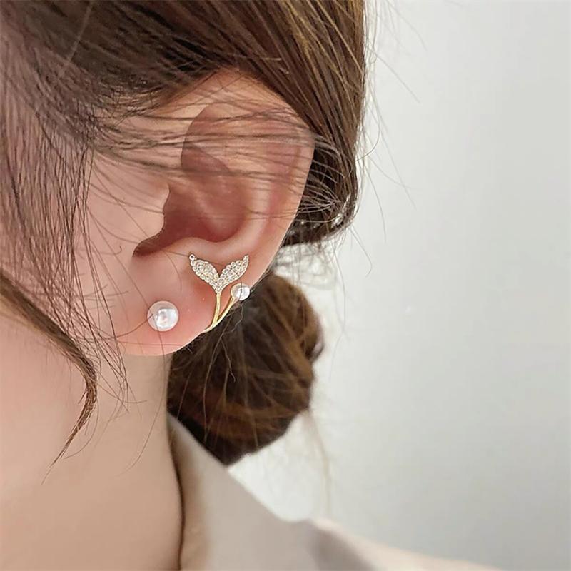 Arrival Stud Earrings  Fish Tail Metal Women Flower Pearl Trendy Jewelry