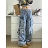 Ladies Cargo Jeans American Street Style Baggy Cargo Pants Women Blue Multi-pocket Wide Leg Jeans for Women