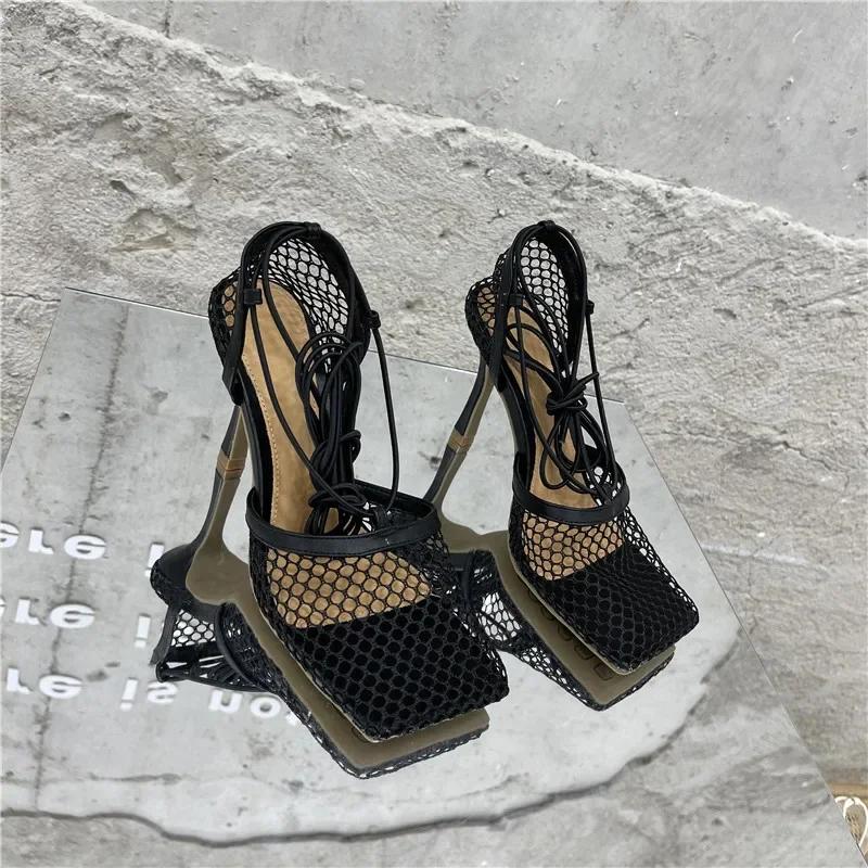 Fashion Sexy Mesh Pumps Sandals Female Square Toe High Heel Lace Up Cross-Tied Stiletto Hollow Dress Shoes