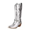 Plus Size 35-48 Retro Punk Embroidered Sewing Western Boots Women Pointy Toe Belt Buckle Metal Chain Chunky Heels Mid-calf Boots