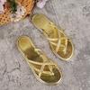 Large Size Flat Bottom Clip Toe Flip Flops Women Solid Color Woven Clip Toe Outer Wear Beach Sandal Flops