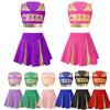 Girls Cheerleading Dance Set Patchwork Crop Top V Neck Letter Print with Elastic Waist Skirt