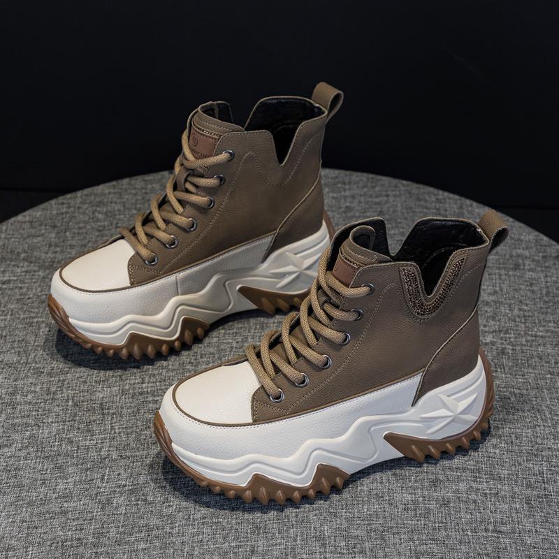 Leather Inner Height Increase Dad Shoes Women's Sports and Leisure Shoes Versatile Thick-soled Medium-top Women's Shoes