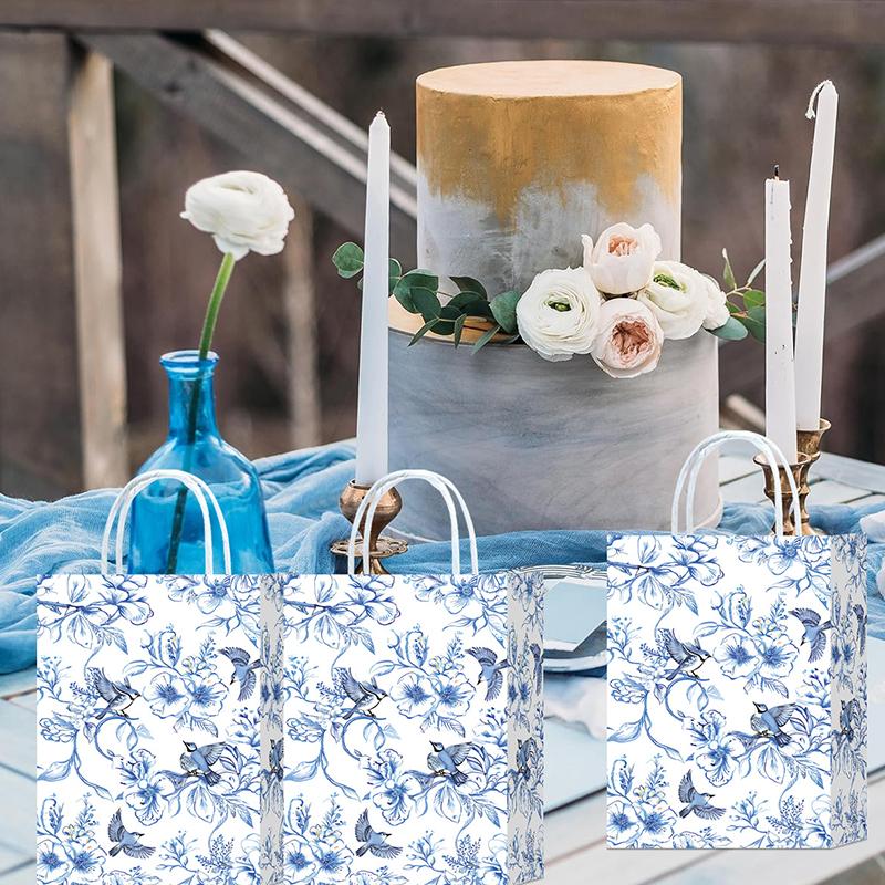 10pcs Blue & White Shopping Paper Gift Bags Elegant Porcelain Floral Tote Bags Chinese With Twine Handles Weddings