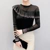 Spring Autumn Women's Ruffles Hotfix Rhinestone T-Shirt Elegant Full Sleeve O-neck Tees Slim Ladies Tops