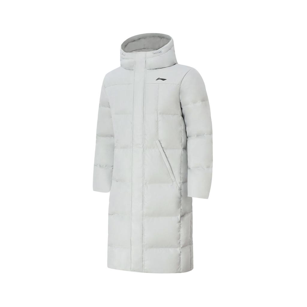 Li Ning Solid Color Hooded Fleece Long Coat Winter Down Jacket Men Outerwear Stone-Gray AYMT199-3
