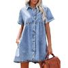 Women Denim Shirt Dresses Short Sleeve Turn Down Collar Jean Dress Single-breasted Casual Top Loose Ruffled Edge Women Dresses