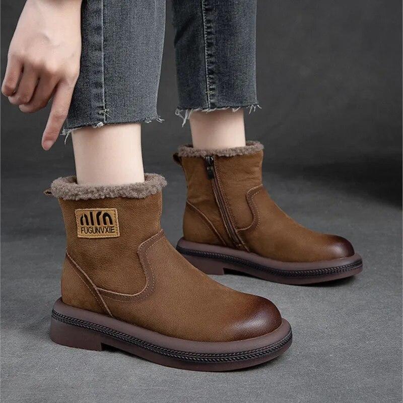Winter Plush Warm Short Boots Retro Comfortable Genuine Leather Solid Color Versatile Women's Shoes