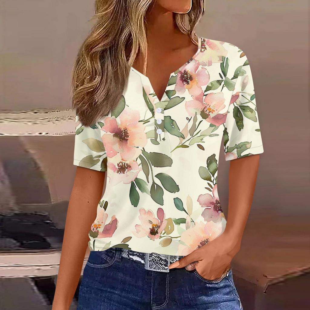 Women's Fashion Casual Vintage Floral Print V-Neck Short Sleeve Decorative Button T-Shirt Tops