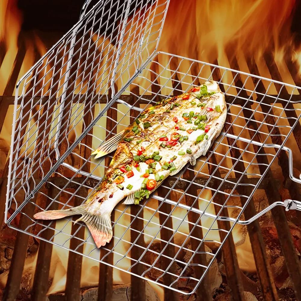 Stainless Steel Folding Grilling Basket Large Grill Basket with Removable Handle Accessories BBQ Grilling