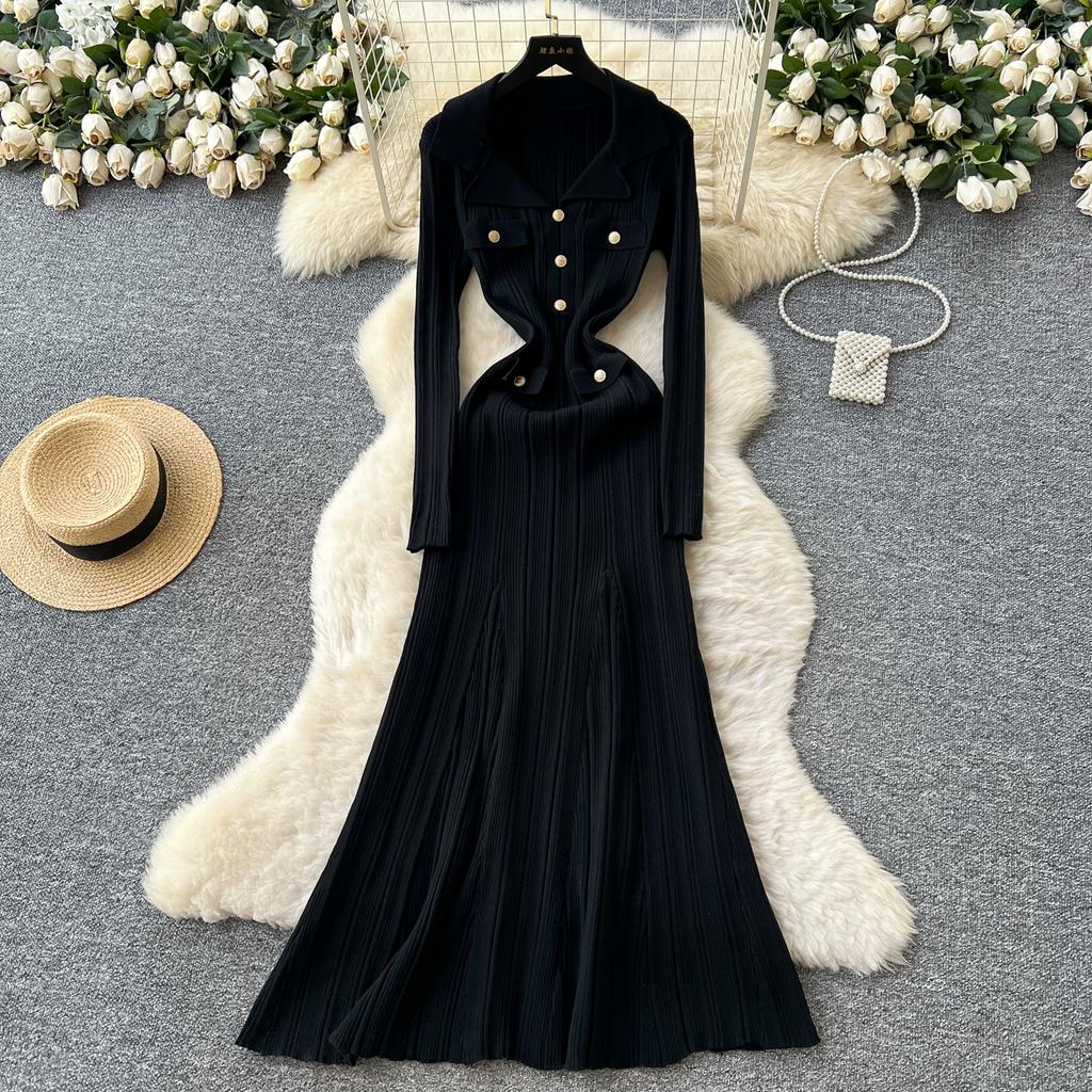 Autumn Winter Women V-neck Full Sleeve Knitted Sweater Party Long Maxi Mermaid Dresses