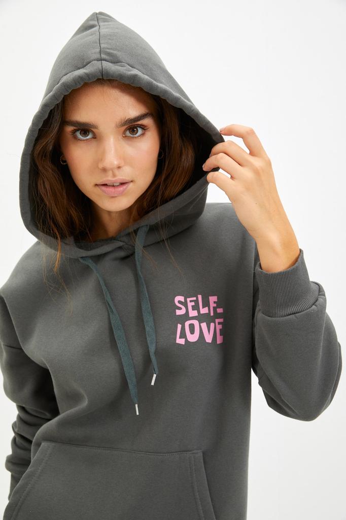 Women's Fashion Sweatshirt Hooded Long Emerald Green Regular Fit Embroidered Hooded Knitted Sweatshirt with Fleece Inside