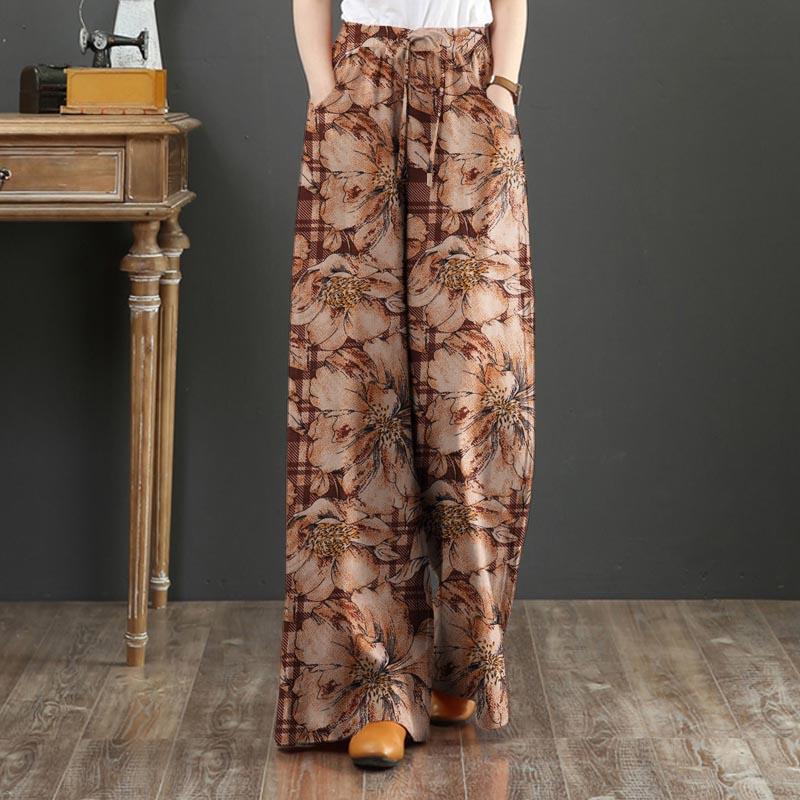 ZANZEA Women Floral Print Casual Elastic Waist Wide Leg Trousers Pants