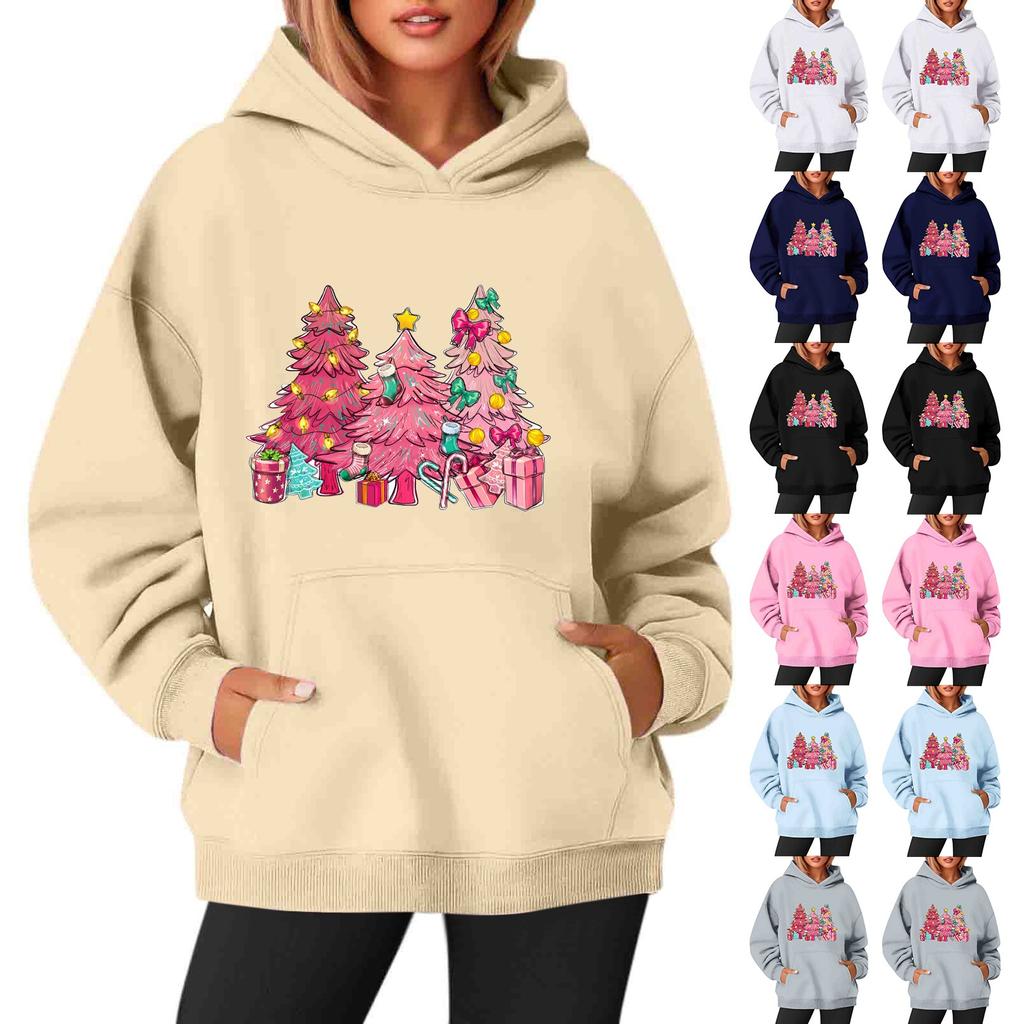 Women's Sweatshirts O-neck Long Sleeve Christmas Printed Top Solid Color Hoodie
