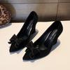 Pointed High Heels Wedge Heels Single Shoes Women's Shoes Spring and Autumn Light Mouth Black Bow Low-top Shoes