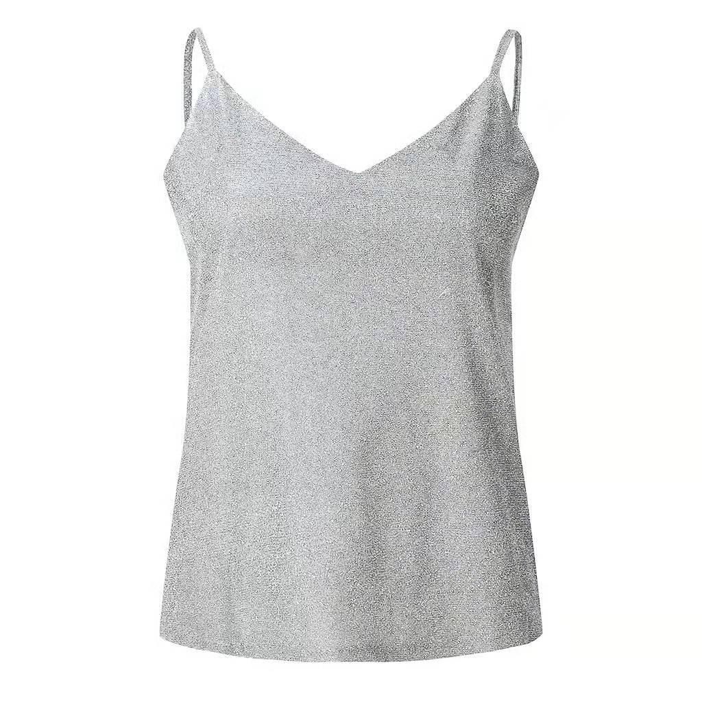 European & American Women's Shiny Silver Dot V-Neck Pearl Camisole