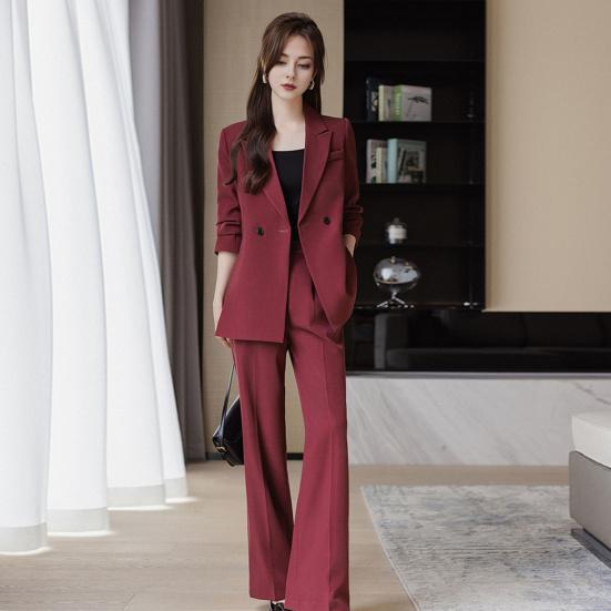 3 Pcs/Set Lady Formal Suit Coat Pants Set Turn-down Collar Button Decor Long Sleeves Jacket Loose Pure Color Trousers Casual Commuting Business Outfit