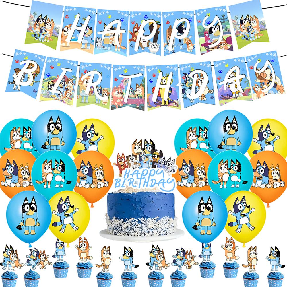 30pcs Bluey Blue Dog Party Supplies Include a Banner, Cake Toppers, Balloons