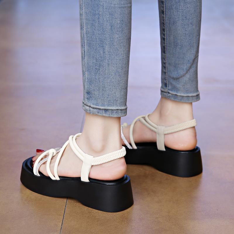 CRLAYDK Women's Sandals Strappy Elastic Band Slides Open Toe Ladies Beach Shoes Casual Walking Thick Sole Dressy Travel Slippers