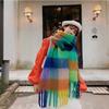 Versatile Four Color Cashmere Scarf Long Tassel Rainbow Winter Plaid Shawl Gradient Tie Dye Scarf