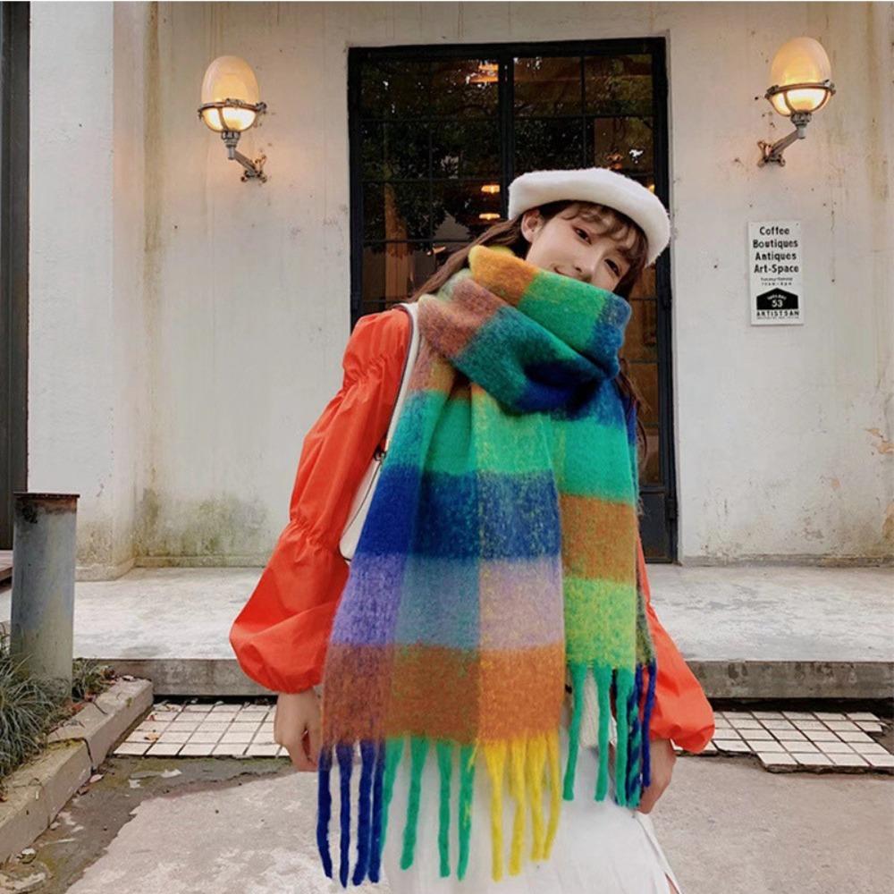 Versatile Four Color Cashmere Scarf Long Tassel Rainbow Winter Plaid Shawl Gradient Tie Dye Scarf