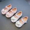 Girl's Leather Shoes Casual Simple Bowtie with Pearls 2024 New Flat Shoes Soft Sole Baby Kids Dress Shoes Children Party Flats