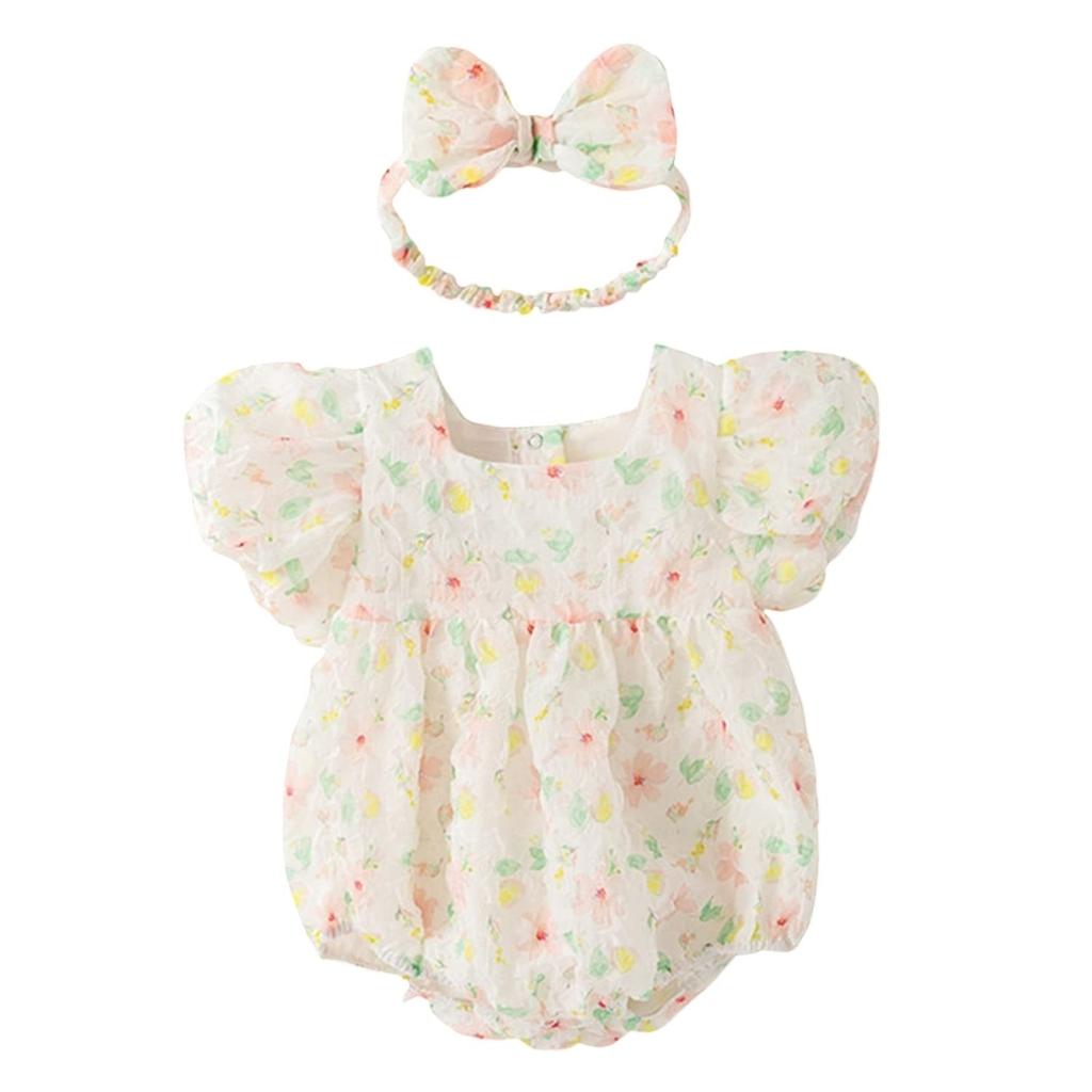 Romper Jumpsuit Bodysuit Floral Flower Baby Newborn Girl Summer Headband Set White One Size [Misia Luxury] [27165-27168]