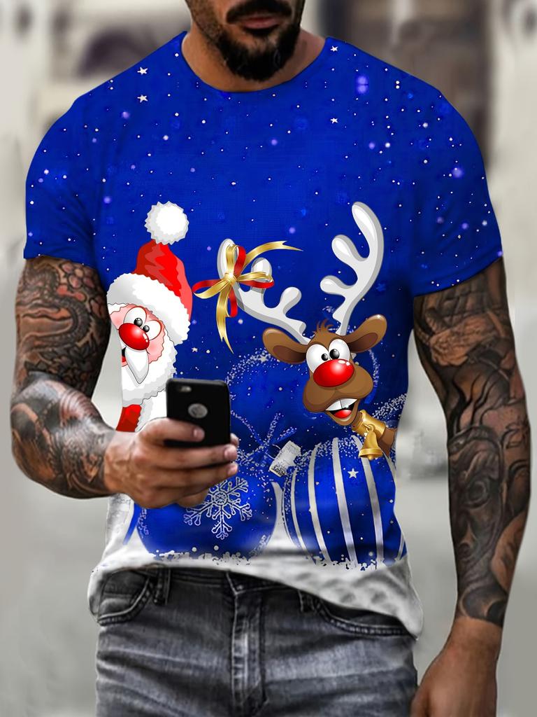 Men's 3D Digital Santa & Reindeer Christmas Print Short Sleeve T-Shirt - Vibrant Green Holiday Graphic Tee with Snowflakes
