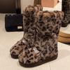 Leopard Fur Platform Women Snow High Boots Suede Plush Cotton Mid Heels Shoes 2025 Trend Winter Mid Calf Casual Warm Botas Mujer