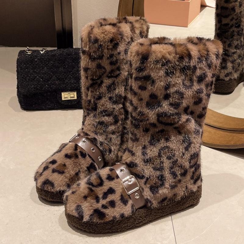 Leopard Fur Platform Women Snow High Boots Suede Plush Cotton Mid Heels Shoes 2025 Trend Winter Mid Calf Casual Warm Botas Mujer