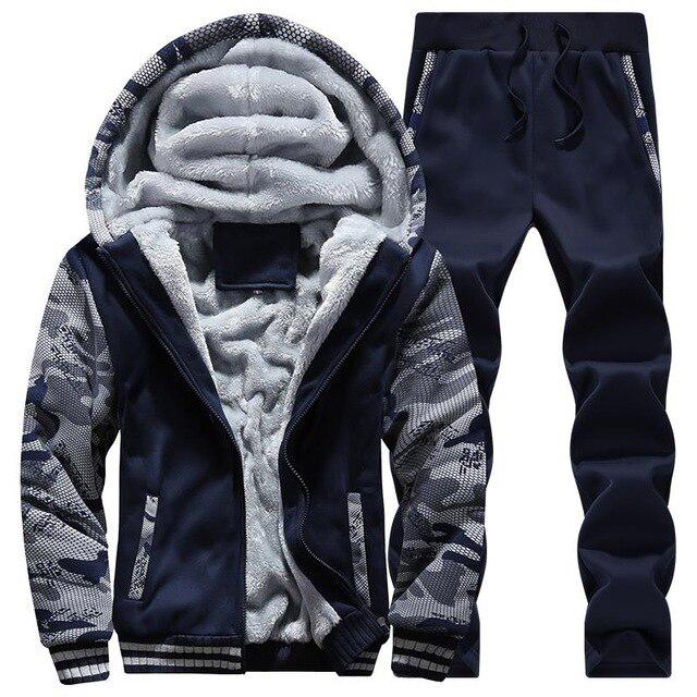 Tracksuit Fleece Hooded Jacket +Pants Sweatshirts Set Hoodies Suit Coat Sportswear Autumn Winter Warm Pullover