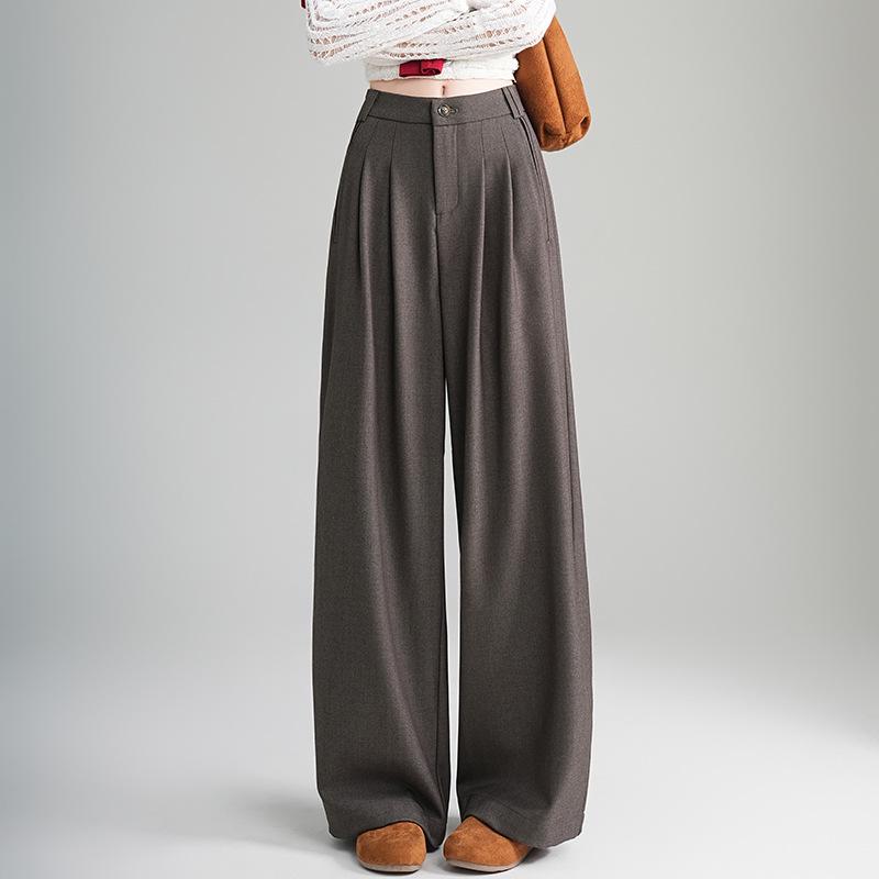 2025 Autumn Women's High Waist Grey Wool Wide-Leg Trousers - Korean Style, Floor-Length, Relaxed Fit