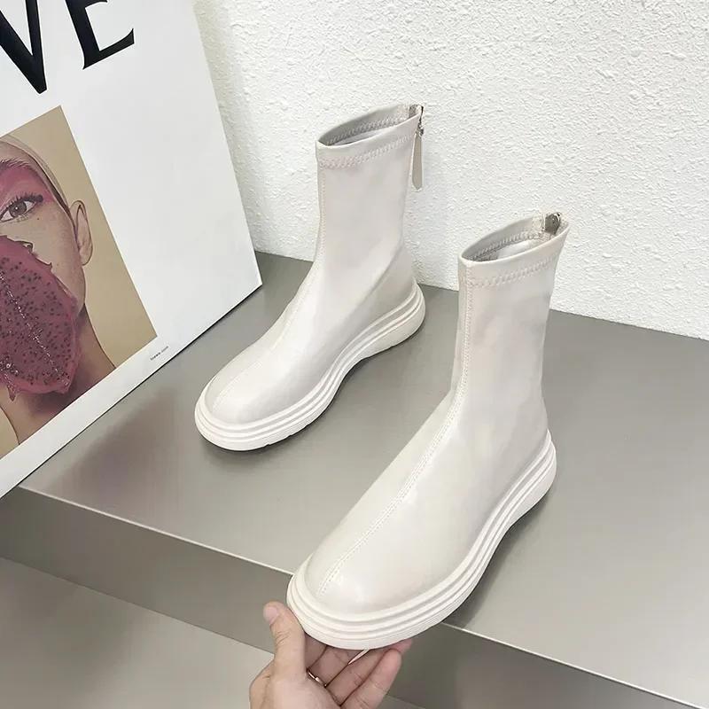 Winter Cotton Women's High Boots Fashion Soft Leather Back Zippers Long Botas Ladies Comfort Short Plush Knee High Booties