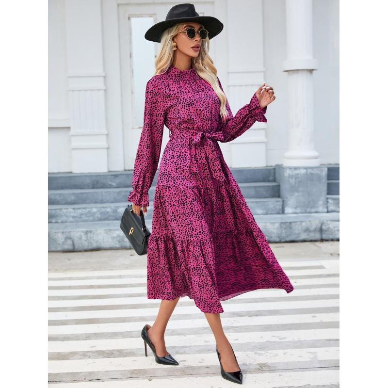 Spring and Summer Women's Casual Printed Stand-collar Ruffled Long-sleeved Lace-up Waist Dress
