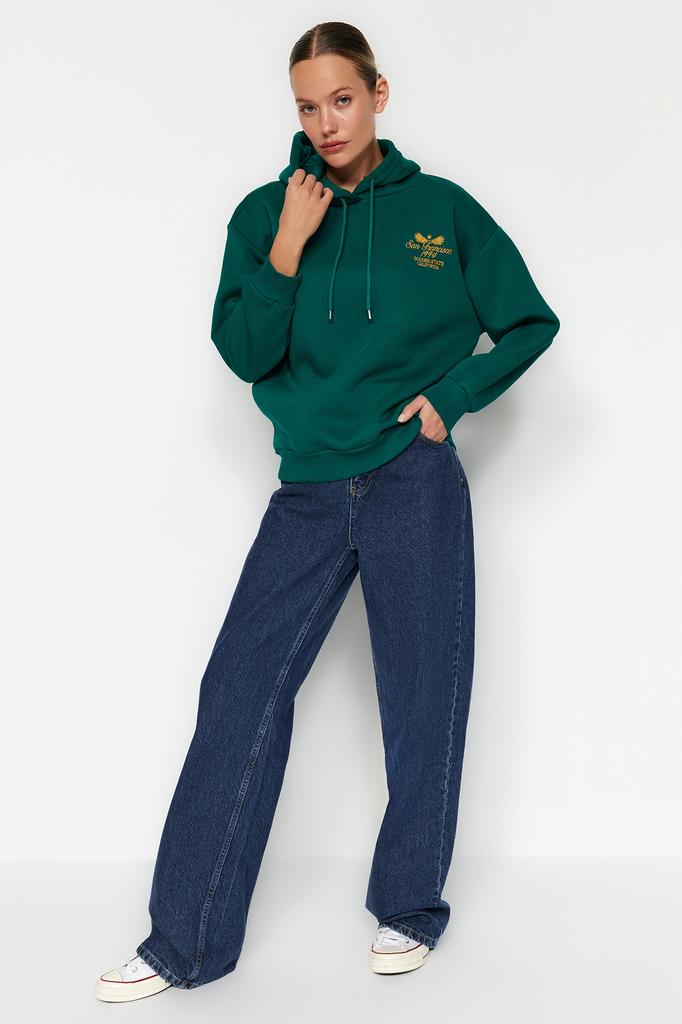 Women's Fashion Sweatshirt Hooded Long Emerald Green Regular Fit Embroidered Hooded Knitted Sweatshirt with Fleece Inside