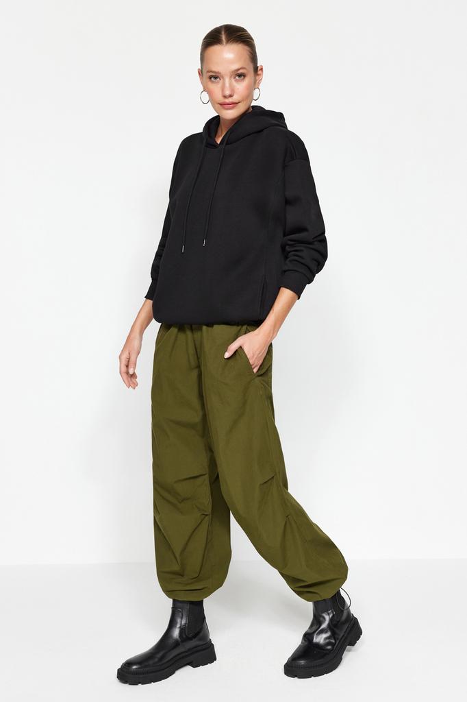 Women's Fashion Sweatshirt Hooded Long Emerald Green Regular Fit Embroidered Hooded Knitted Sweatshirt with Fleece Inside