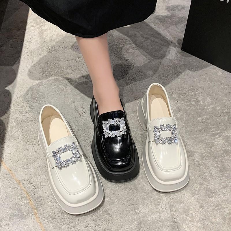 Spring New Women's Leather Shoes Korean Square Buckle Soft Bottom Shiny Patent Leather Rhinestone Leather Shoes