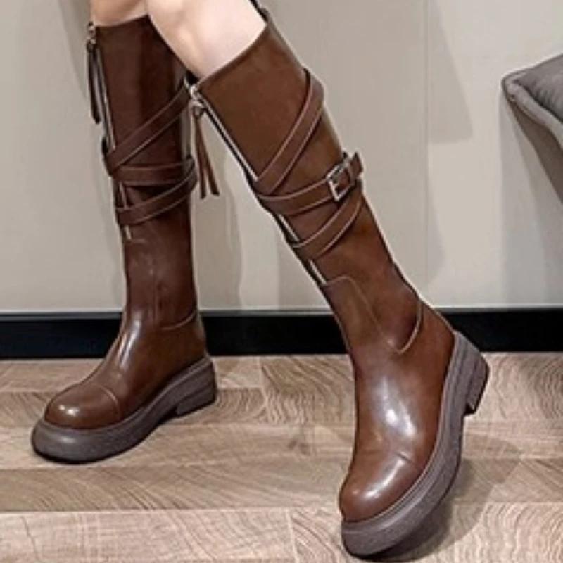 2024 Hot Sale Ladies Shoes Zipper and Buckle Knee-High Women's Boots Autumn Solid Low Heels Korean Version Fashion High Boots